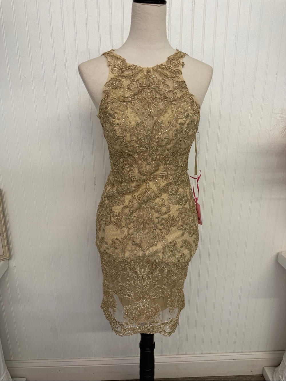 Dave & Johnny Gold Lace Embellished Mini Dress